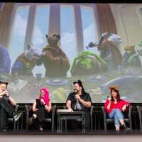 Big stage: Live pen & paper event with bestselling authors: from left to right: Mikkel Robrahn, Liza Grimm, Christoph Hardebusch, Lisanne Surborg, Anabelle Stehl 